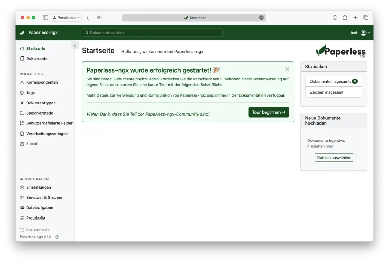 Paperless-ngx-Weboberfläche direkt nach dem ersten Öffnen