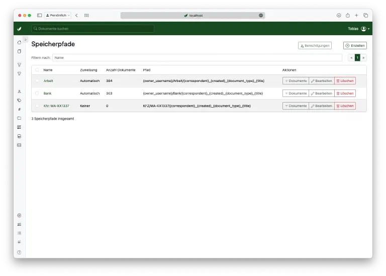 Angelegte Speicherpfade in Paperless-ngx