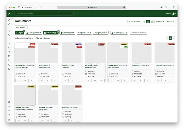 Übersicht der angelegten Tags in Paperless-ngx