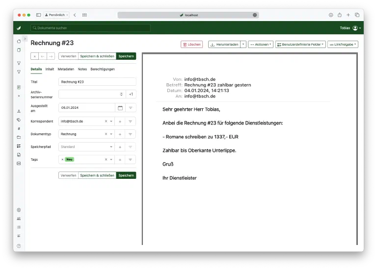 Automatisch erkannter Korrespondent und Dokumenttyp am Test-Dokument