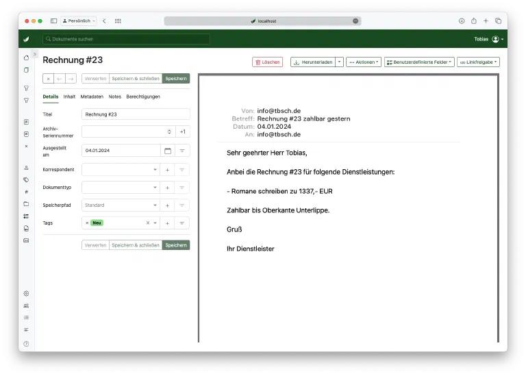 Konsumiertes Dokument im Posteingang von Paperless-ngx