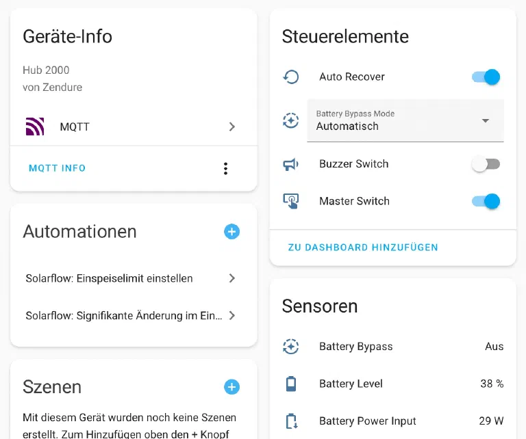 Zendure SolarFlow als Gerät mit allen ausgelesenen Sensoren in Home Assistant