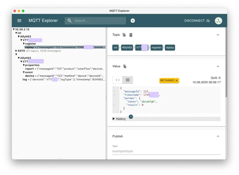 MQTT Explorer zeigt die ersten eingehenden Nachrichten von Zendure SolarFlow