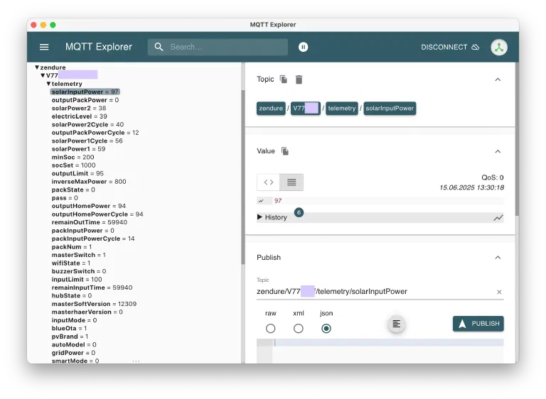 MQTT Explorer mit den gemappten Zendure-Topics auf dem Home Assistant MQTT Broker