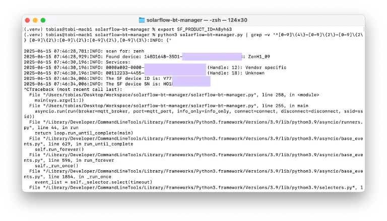 SolarFlow Bluetooth Manager im Suchmodus im Terminal mit der ausgelesenen Device ID