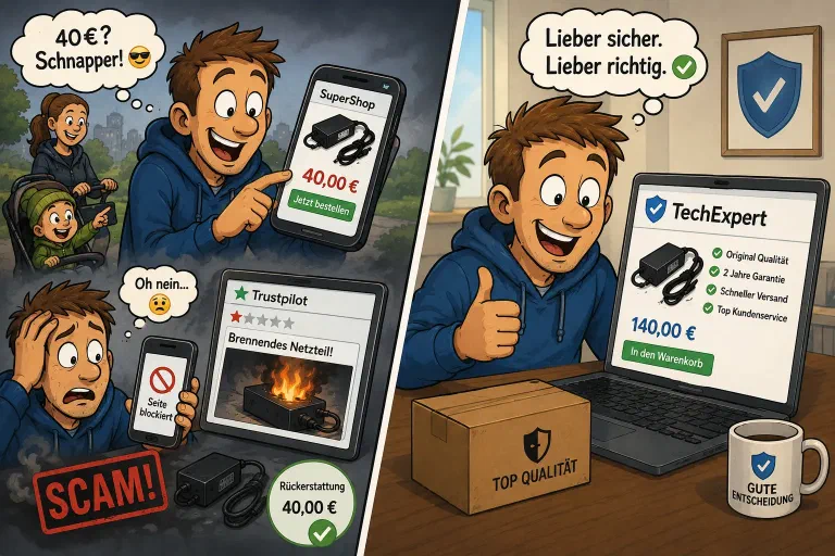 Comic: Person bestellt ahnungslos ein vermeintlich günstiges Netzteil in einem chinesischen Scam-Shop