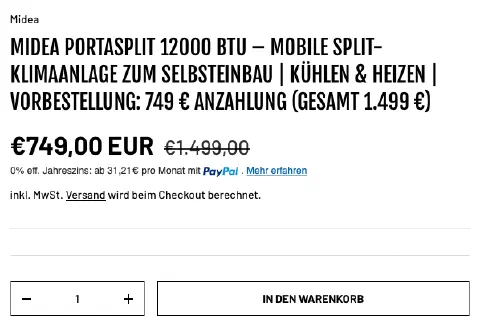 Midea-PortaSplit-Fake-Angebot: der echte Preis steht nur im Titel