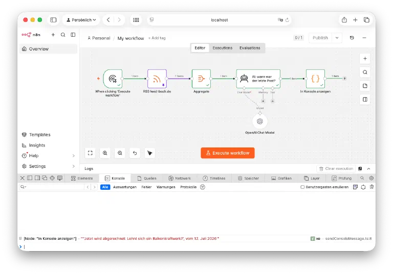 KI-Workflow im n8n-Editor mit RSS-Node, KI-Agent und OpenAI-Chat-Model.