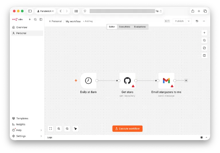 n8n-Workflow im Editor aus drei verketteten Nodes.