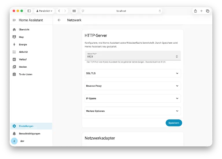 HTTP-Server-Einstellungen von Home Assistant mit Eingabefeld für den Server-Port