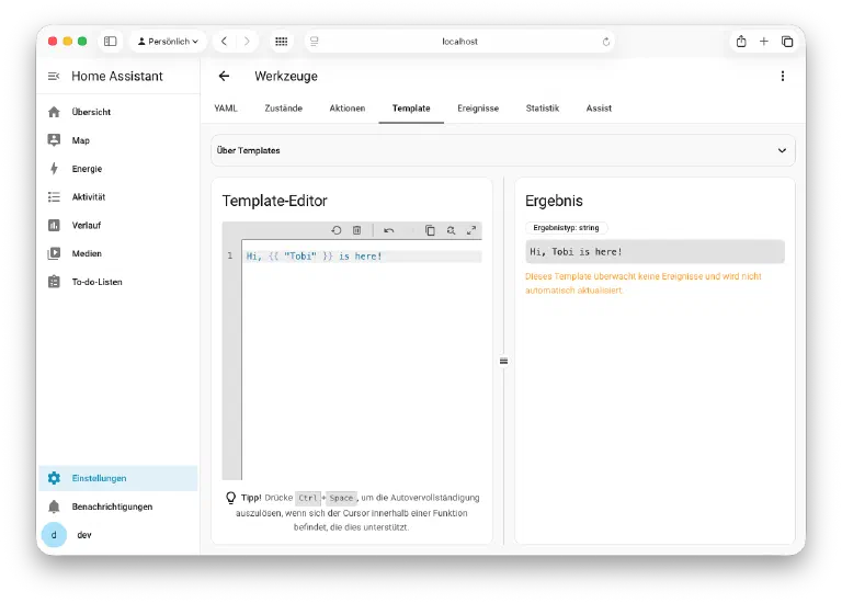 Werkzeuge-Panel von Home Assistant mit dem Template-Editor und der Ergebnis-Vorschau